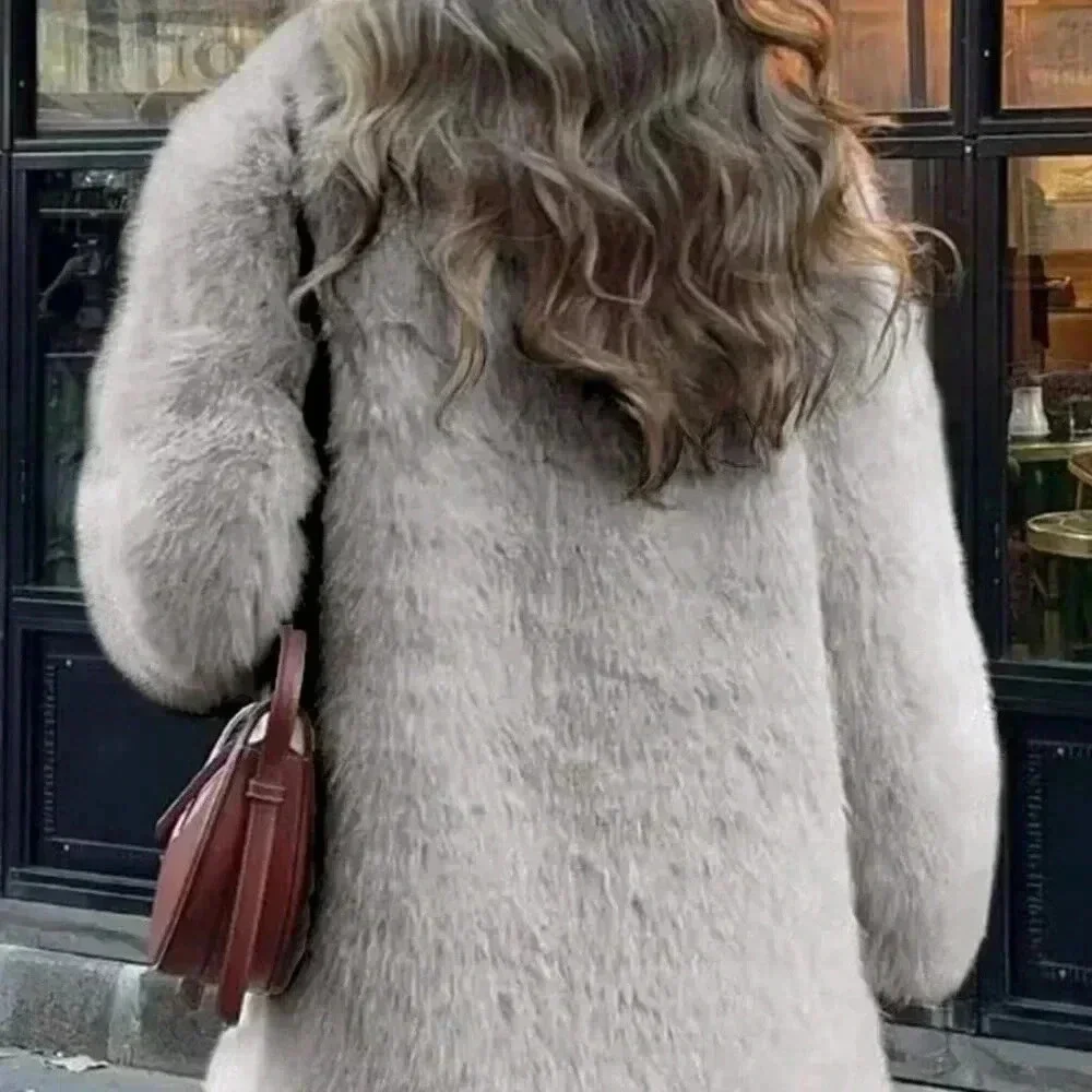 Grey Casual Women's Fluffy Collar Coat - Picture 3 of 5
